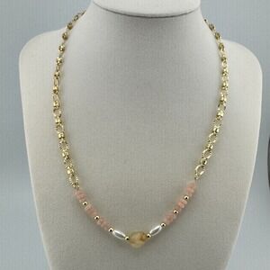 Gold Tone Beaded Necklace Pink Rondelle Faux Pearl Amber Stone Link Chain